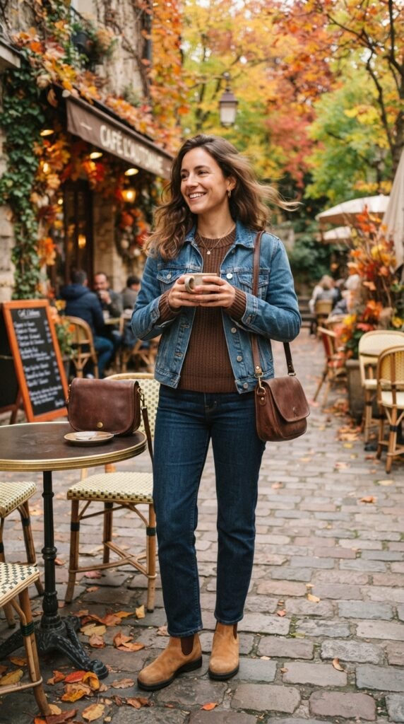 Denim Jacket With a Brown Sweater Outfit