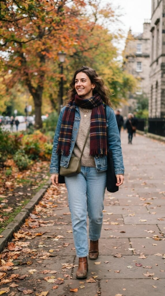 Denim Jacket With a Scarf and Boots Outfit
