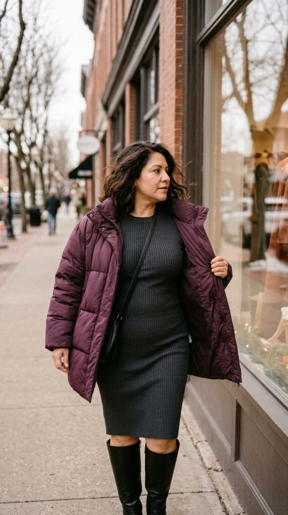 Balance a Puffer Jacket With Your Dress Shape