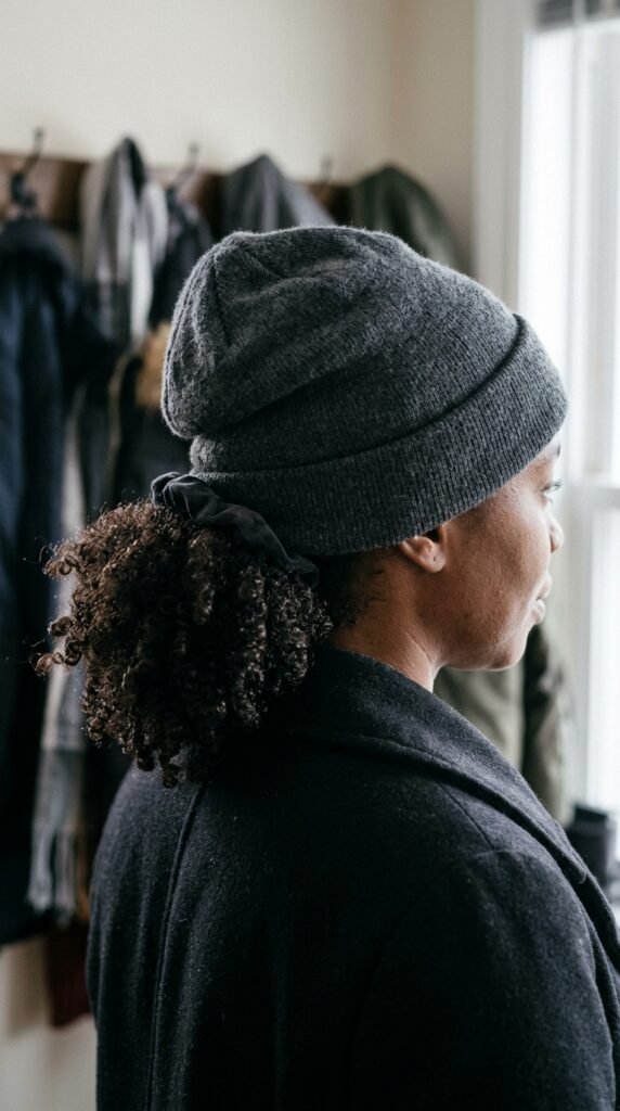 Woman wearing a winter beanie with loose, defined curly hair framing her face.