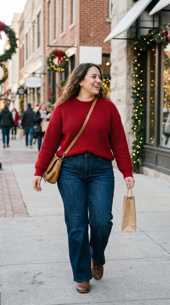 A Red Sweater with Wide-Leg Jeans