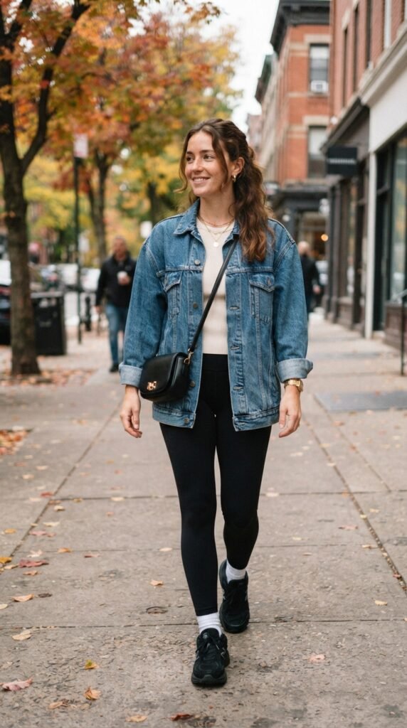 Oversized Denim Jacket With Black Leggings Outfit