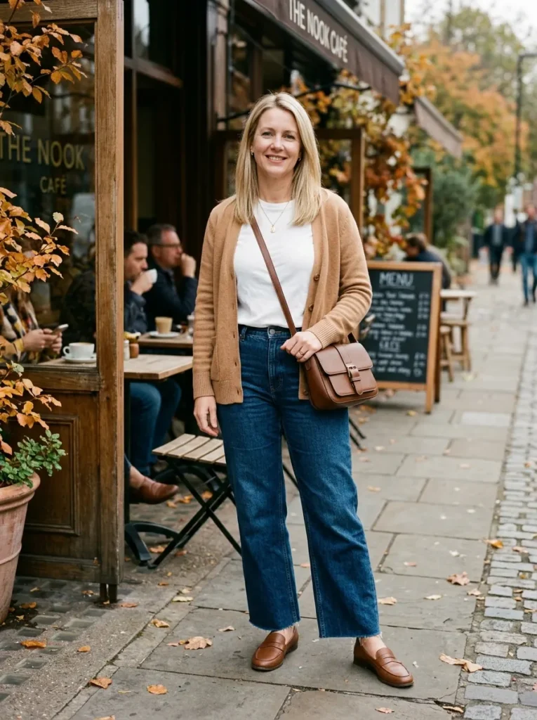  Cardigan, Tee, and Wide-Leg Denim