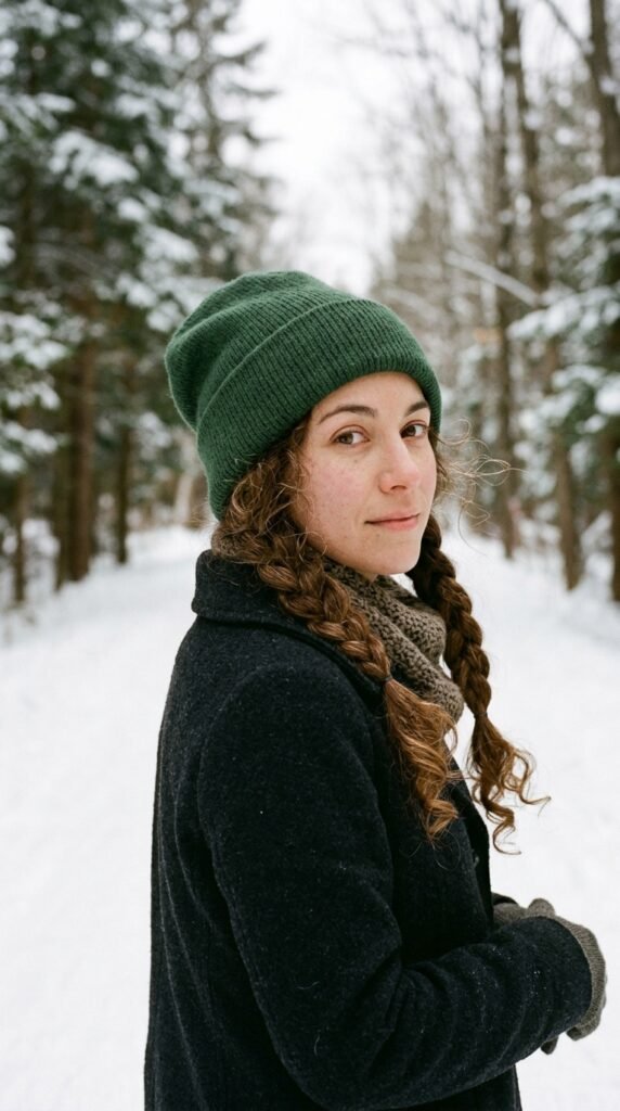 Low curly puff hairstyle paired with a cozy winter beanie for cold weather.
