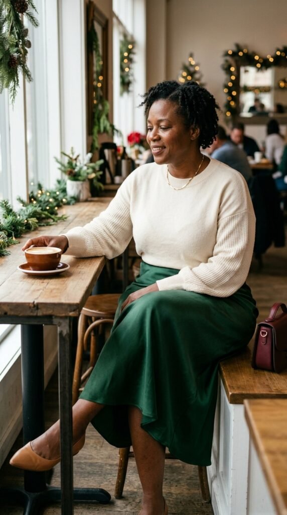 A Green Satin Skirt with a Cream Knit