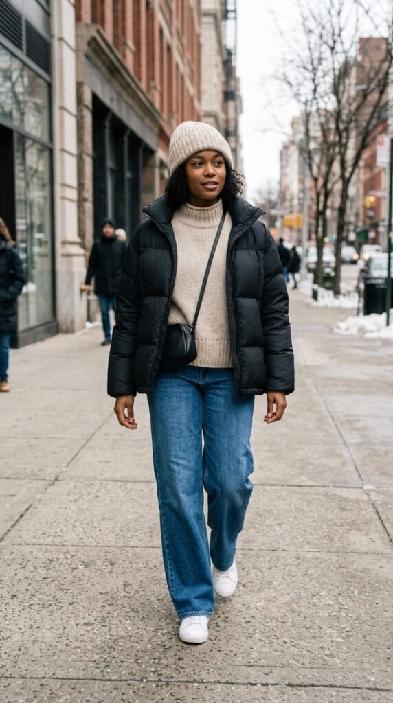 Puffer Jacket With Wide-Leg Jeans