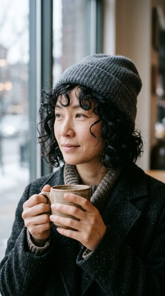 Two loose braids styled with curly hair under a warm winter beanie.