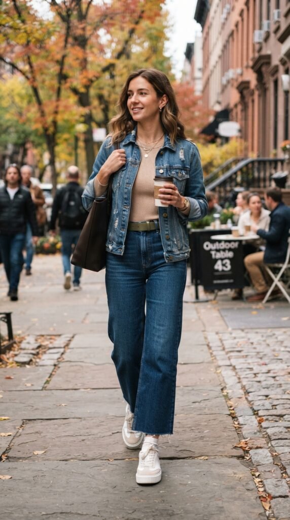 Denim Jacket With Wide-Leg Jeans Outfit