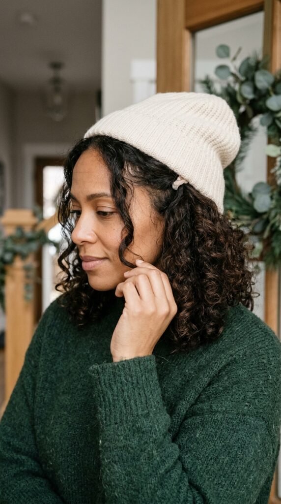 Short curly bob hairstyle with a beanie for a cute winter look.