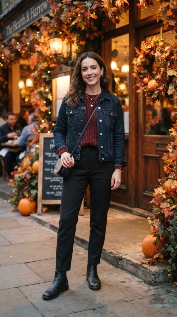 Dark Denim Jacket With Burgundy Outfit
