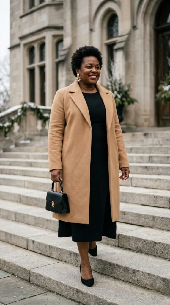 Black Midi Dress with a Textured Coat