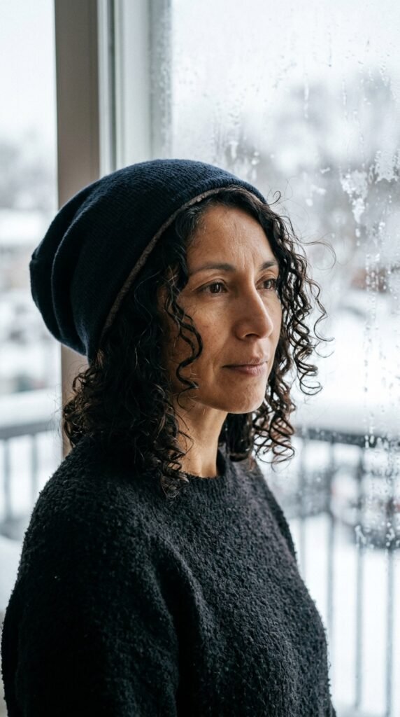 Half-up curly hairstyle under a winter beanie with natural volume and soft curls.