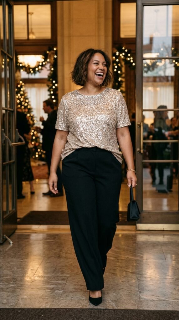 A Sequin Top with Black Wide-Leg Pants
