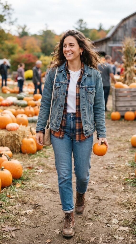 Denim Jacket With a Plaid Shirt Outfit