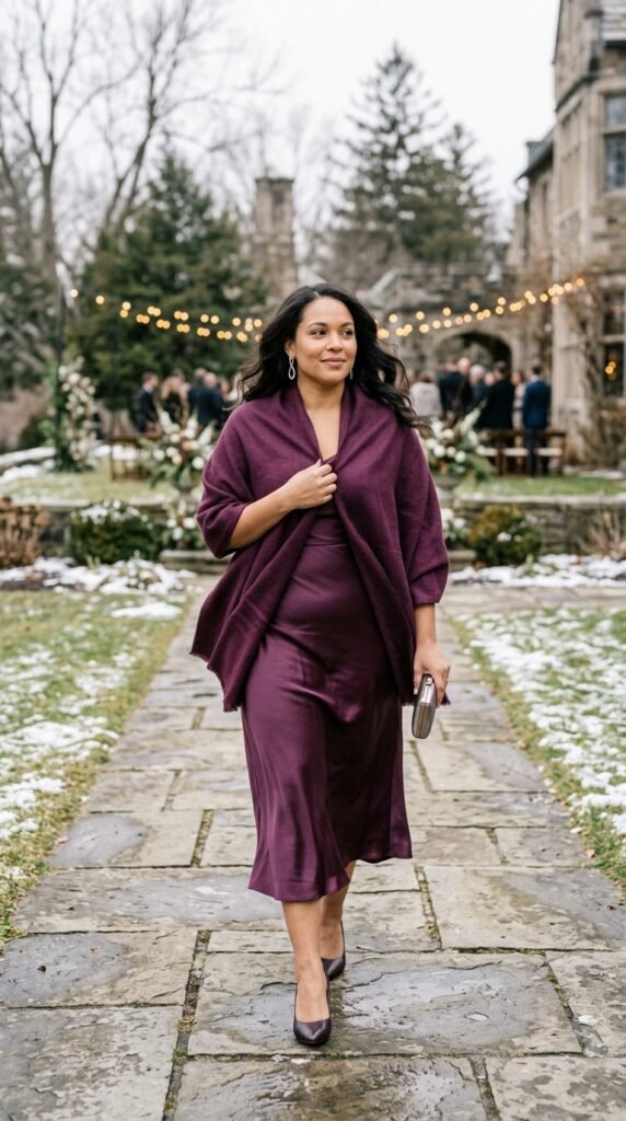 Plum Midi Dress with a Soft Shawl