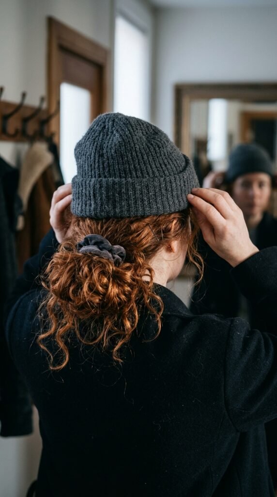 Side-parted curly hair styled neatly under a cozy beanie for winter.