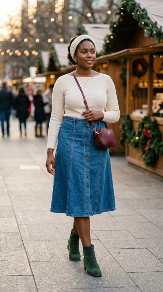 Denim Skirt and Soft Knit Top