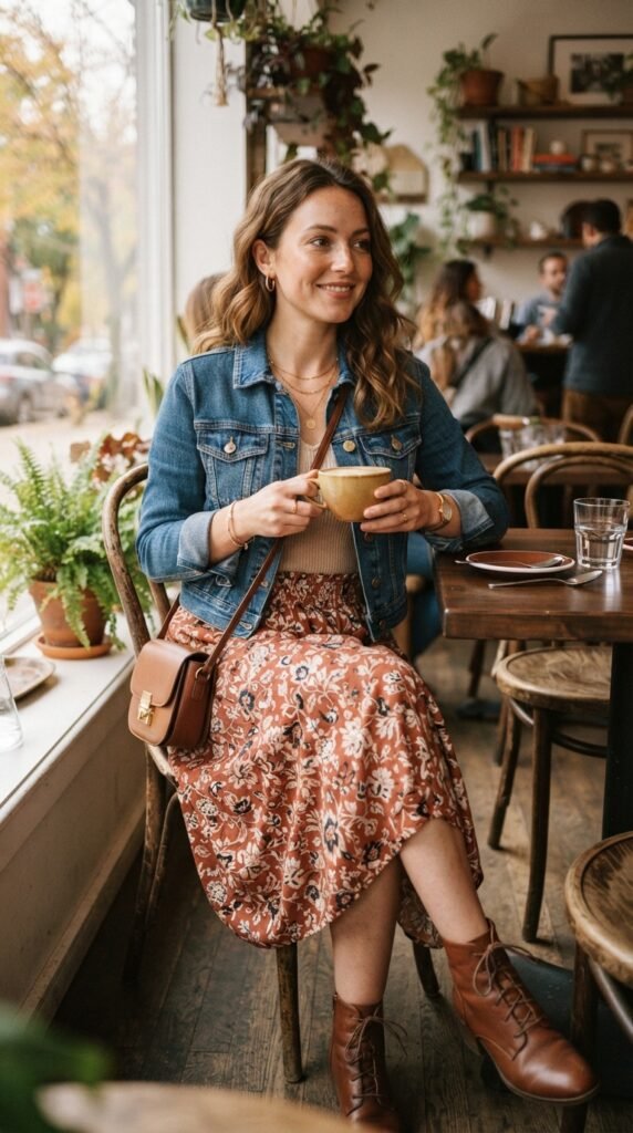 Cropped Denim Jacket With a Midi Skirt Outfit