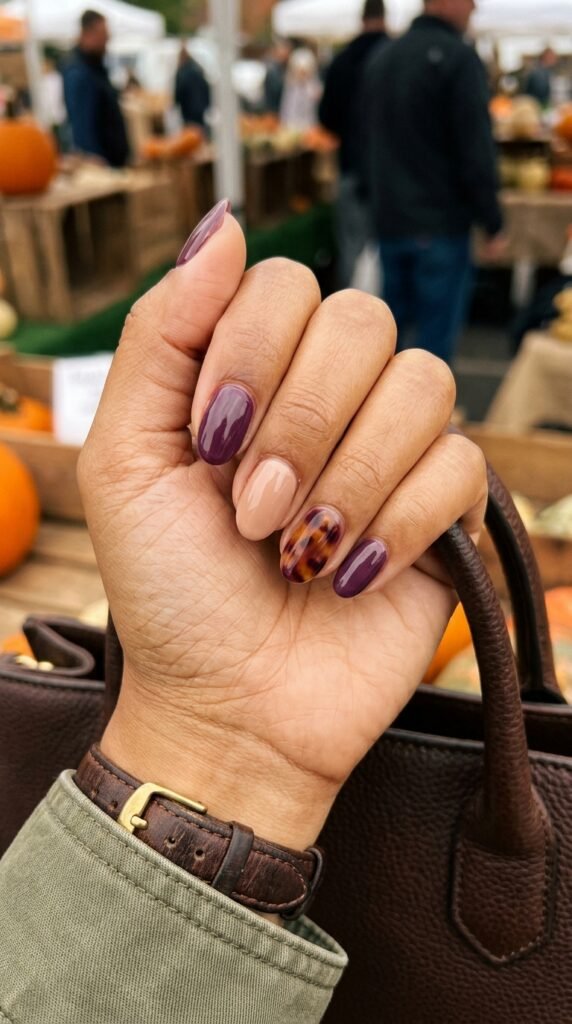 Plum Tortoiseshell Accent Nails