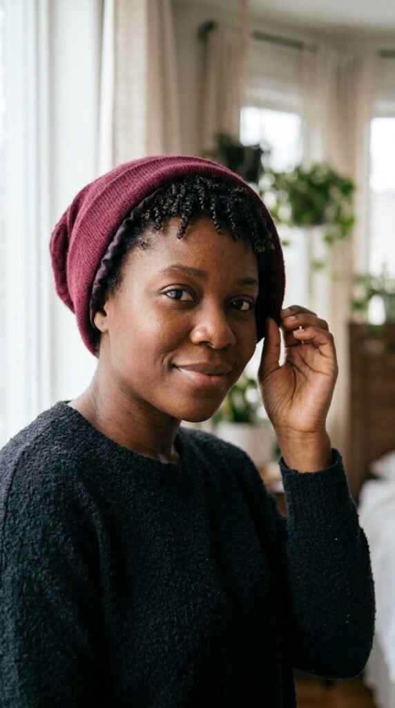 Low loose curly bun paired with a winter beanie for an easy cold-weather hairstyle.