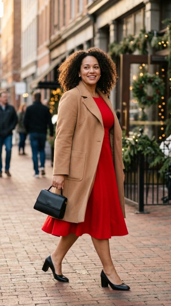 A Red Midi Dress with a Classic Coat