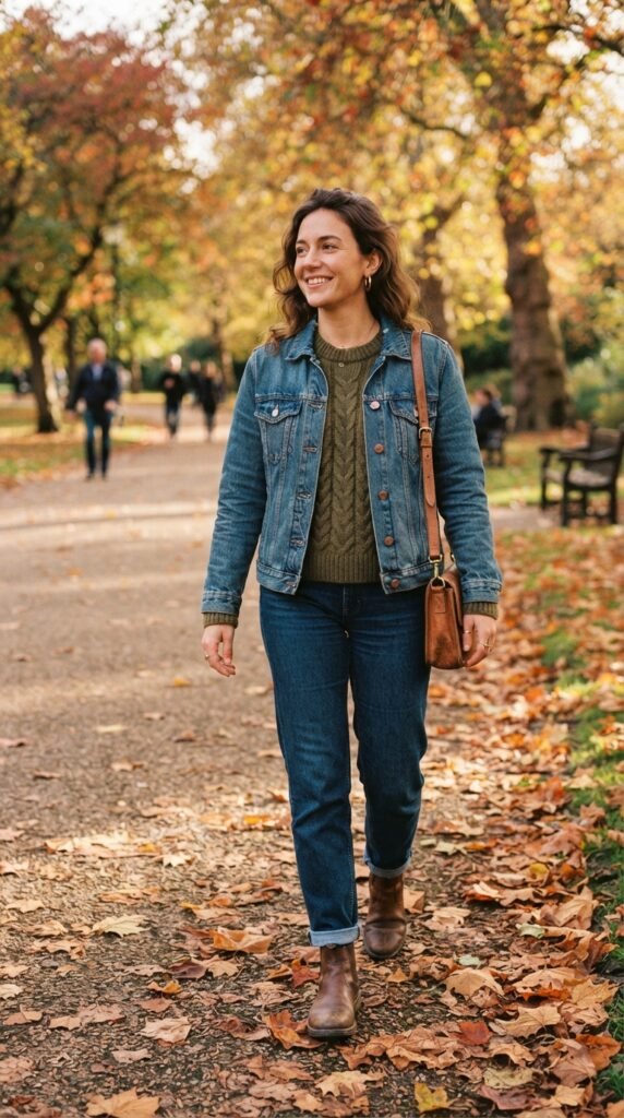 Denim Jacket With an Olive Green Sweater Outfit