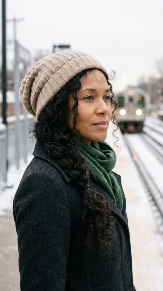 Short natural coils styled with a beanie for a simple winter curly hairstyle.