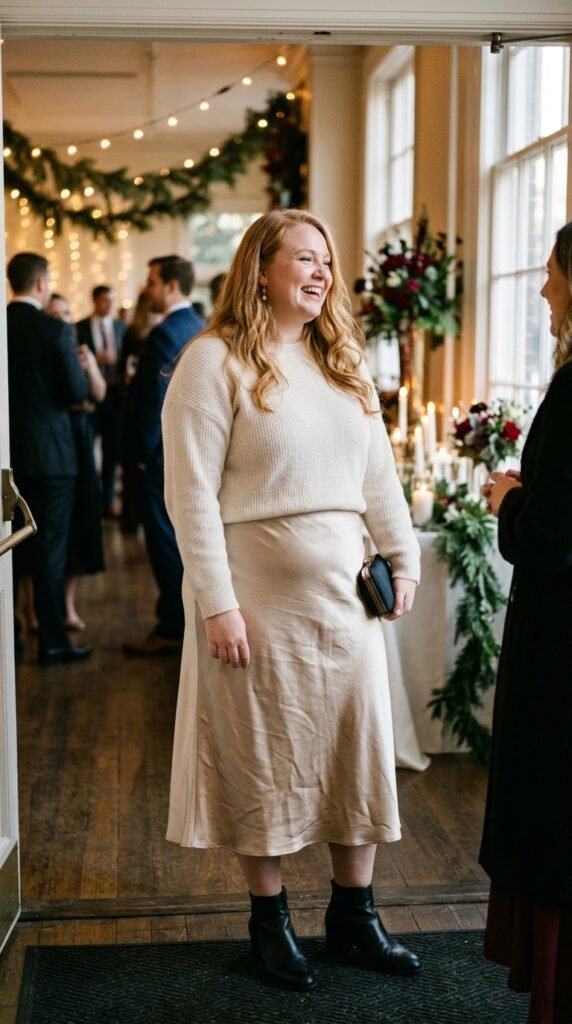 Satin Skirt with a Fine-Knit Sweater