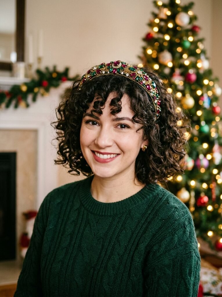 A Curly Christmas Bob With a Jewel Headband