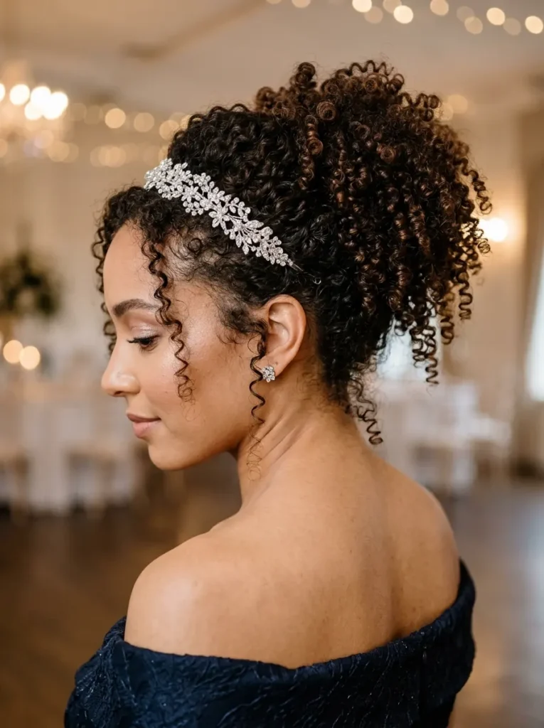 A Defined Curly Updo With a Sparkling Headband