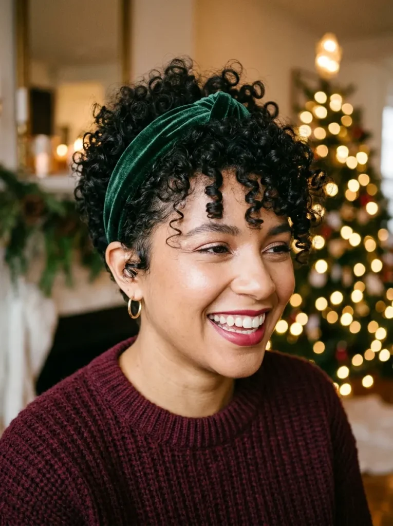 A Festive Curly Pixie With a Velvet Headband