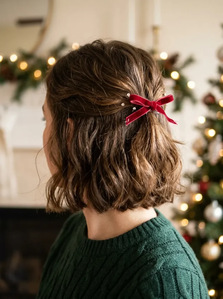A Festive Half-Up Mini Bow Hairstyle