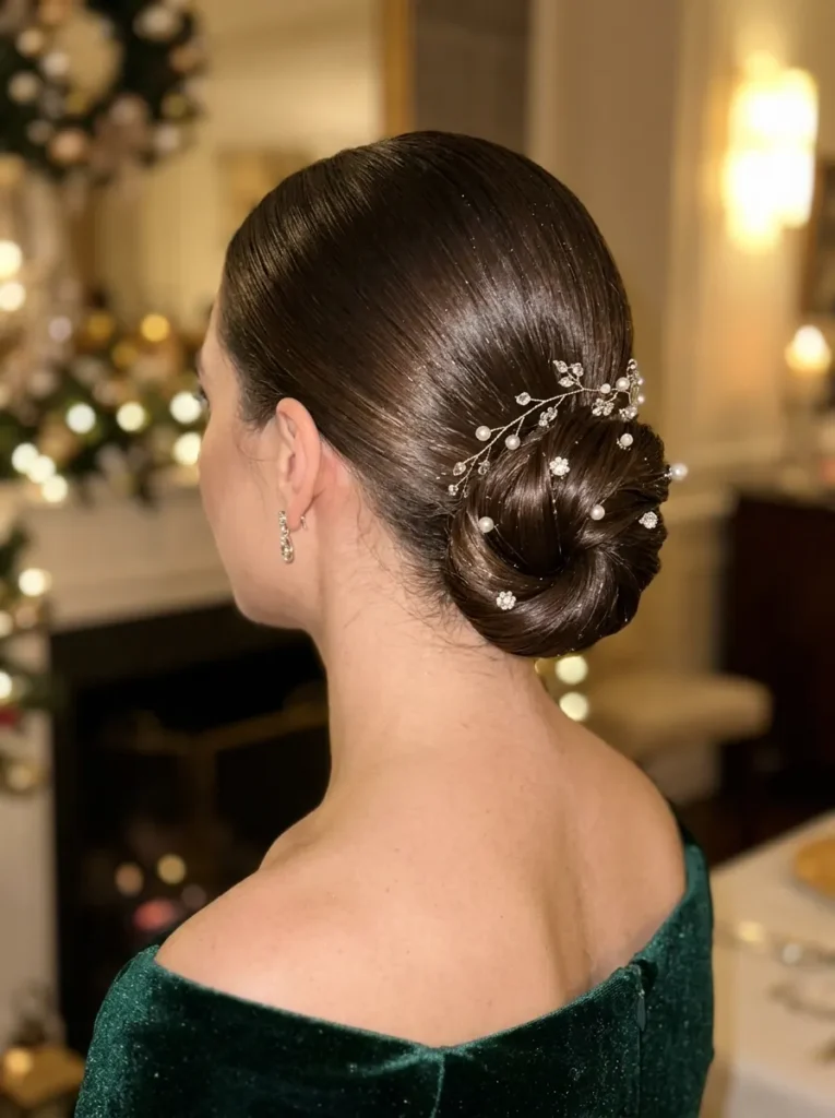 A Low Sleek Bun With Festive Sparkle