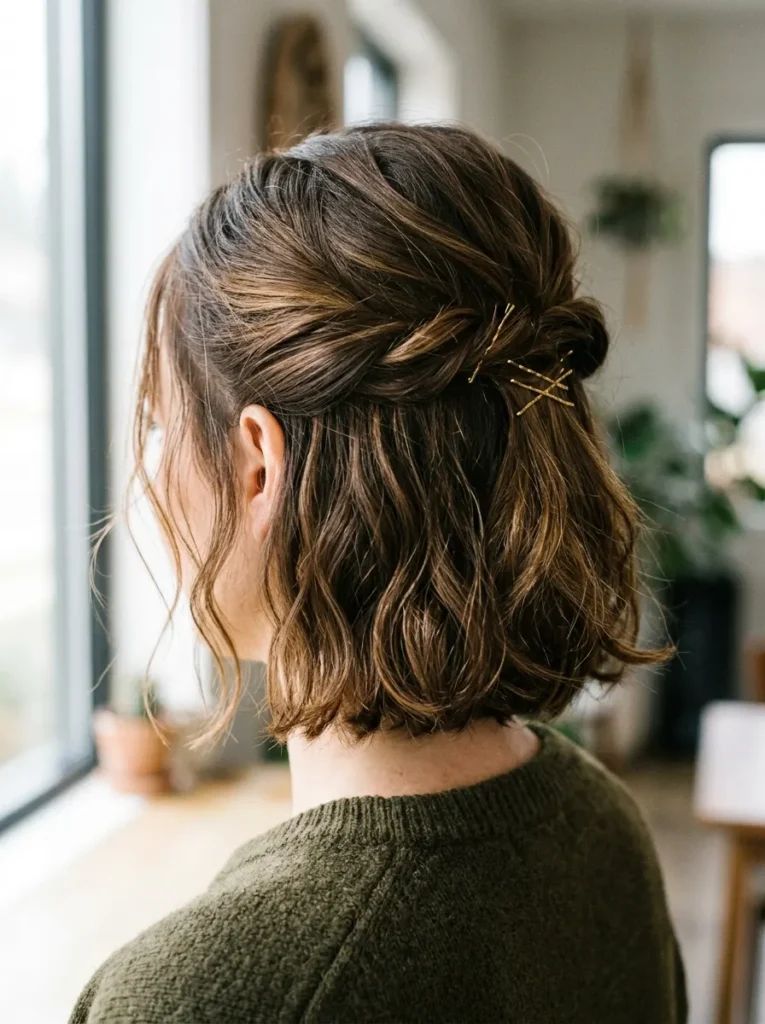 A Short Bob With a Half-Up Twist and Gold Pins