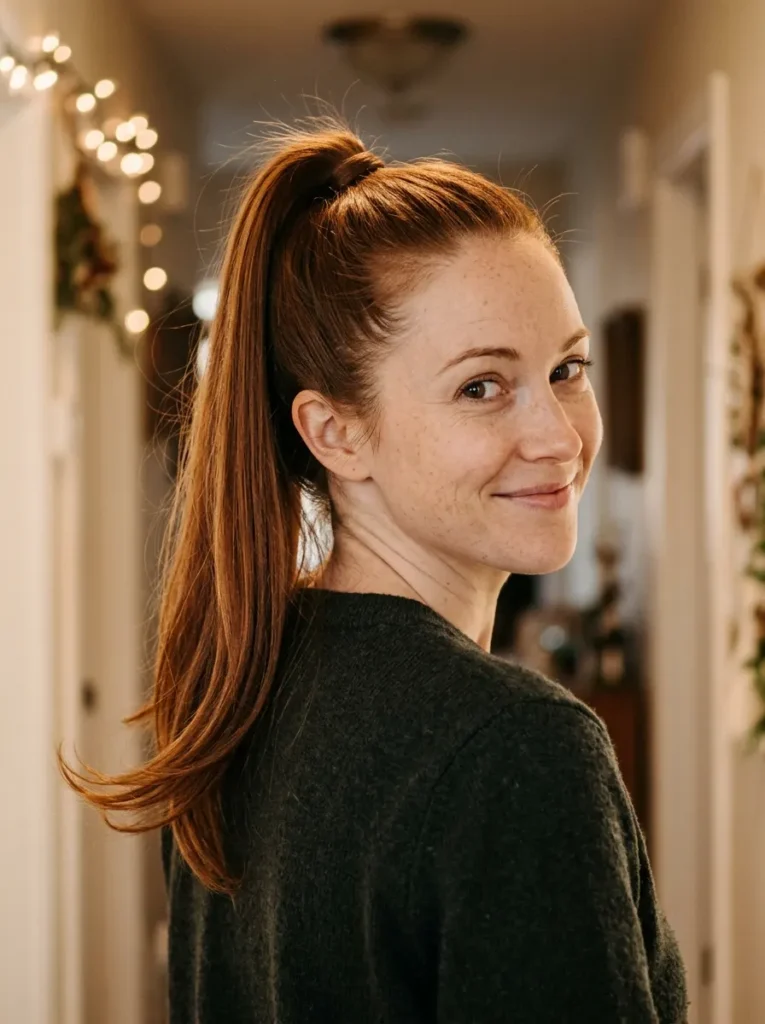 A Sleek High Ponytail With Curved Ends