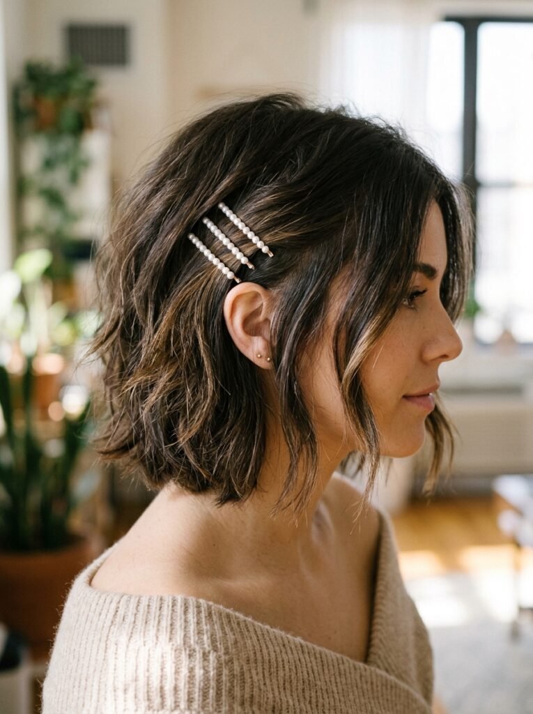 A Textured Bob With Mini Pearl Pins