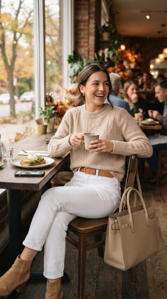 Beige Sweater and White Jeans Outfit