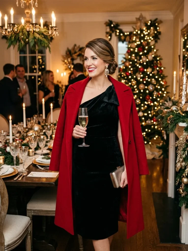 Black One-Shoulder Dress and Red Coat for Christmas and New Year’s Dinner