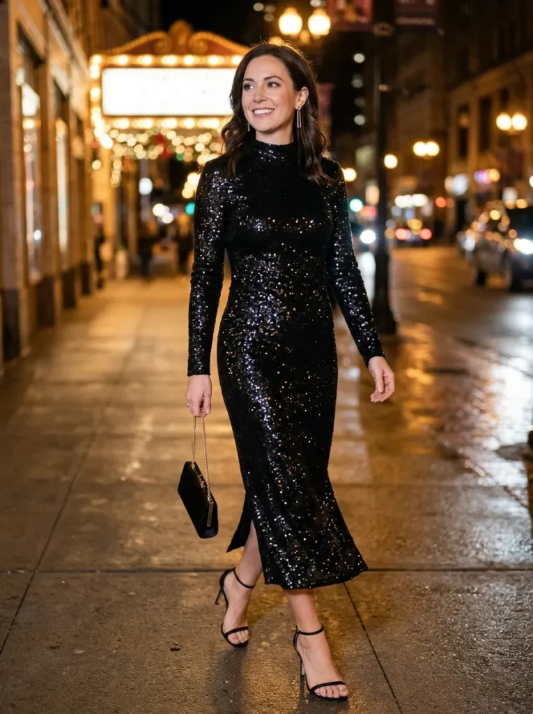 Black Sequin Midi with Long Sleeves