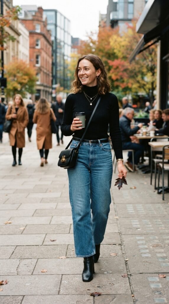 Black Turtleneck and Wide-Leg Jeans Outfit