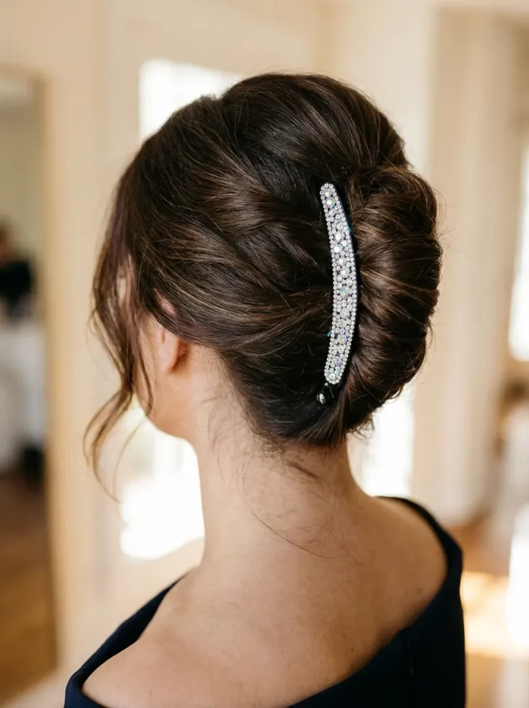 French Twist with a Rhinestone Banana Clip