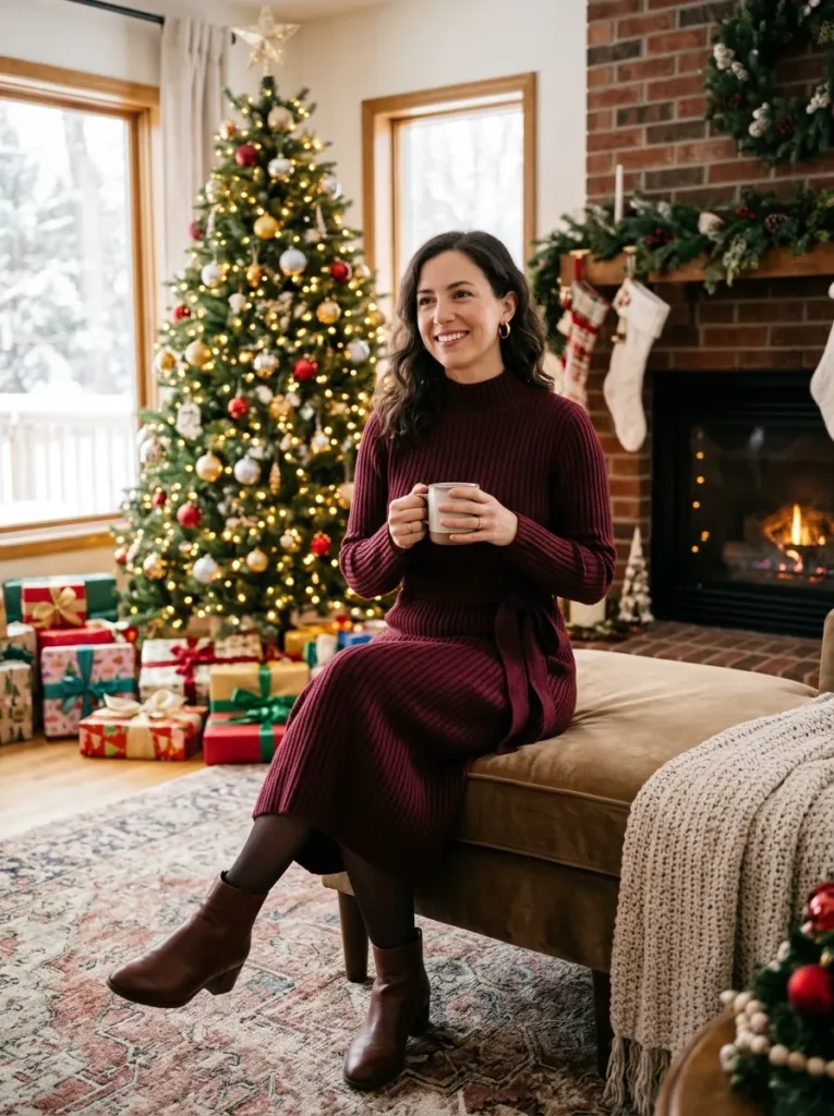 . Burgundy Ribbed Sweater Dress for Christmas Day