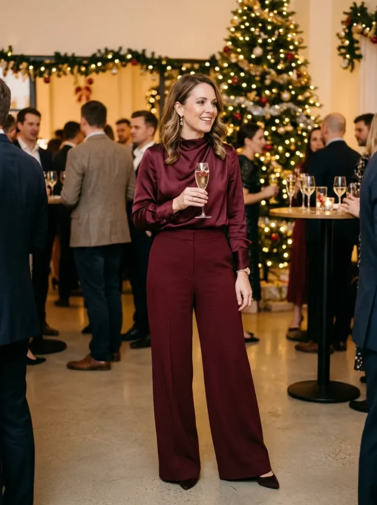 Burgundy Satin Blouse and Wide-Leg Trousers for the Office Christmas Party
