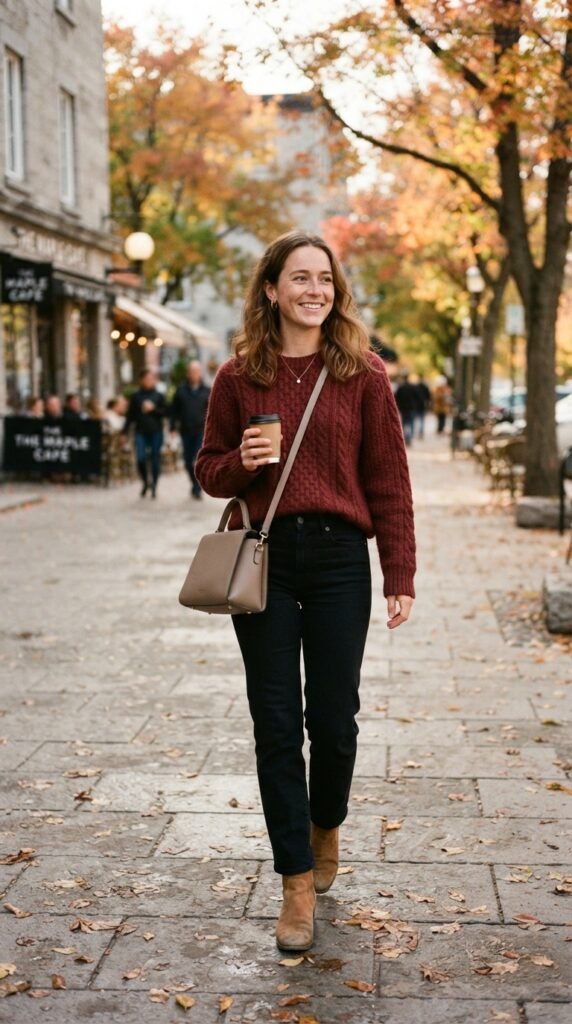 Burgundy Sweater and Black Jeans Outfit