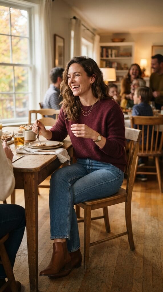 Burgundy Sweater and Blue Jeans Outfit