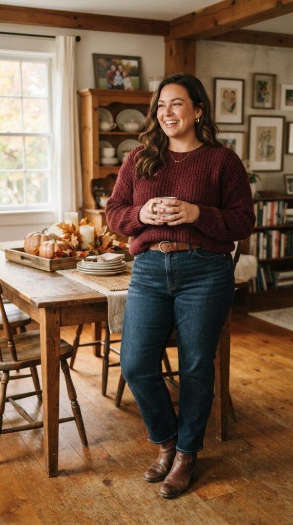 Burgundy Sweater and Dark Jeans Plus Size Outfit