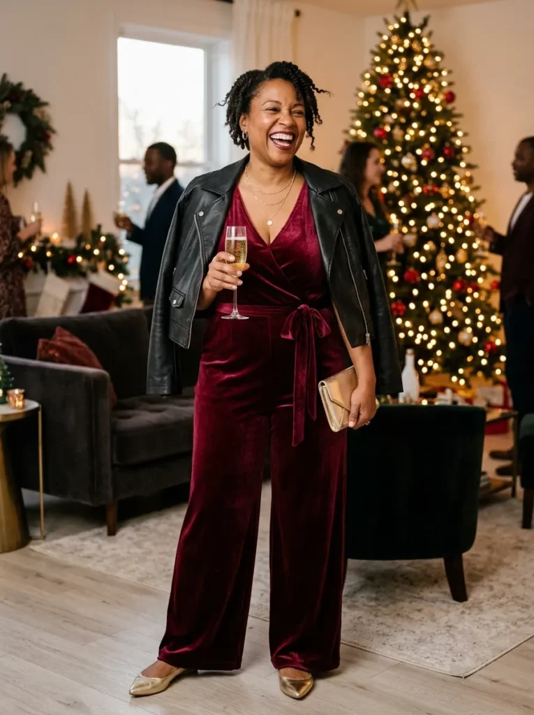 Burgundy Velvet Jumpsuit with Gold Accents