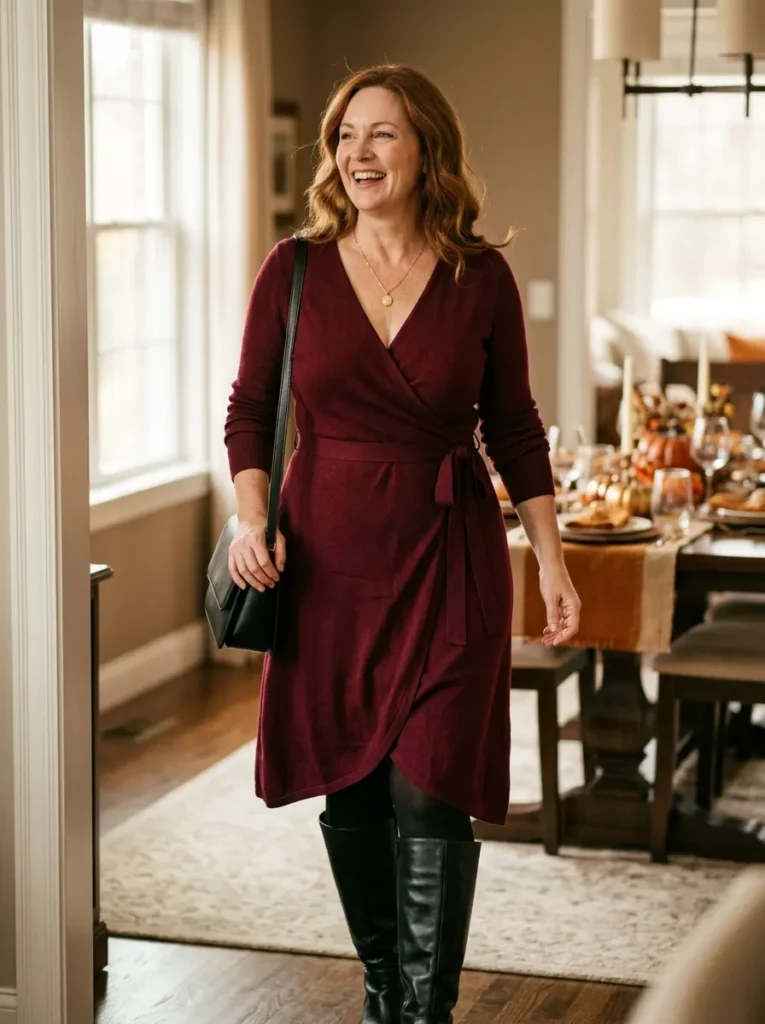 Burgundy Wrap Dress with Knee-High Boots