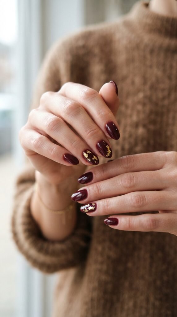Burgundy and Gold October Nail Art
