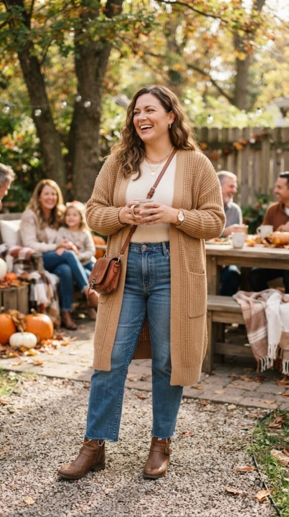 Camel Cardigan and Jeans Plus Size Outfit